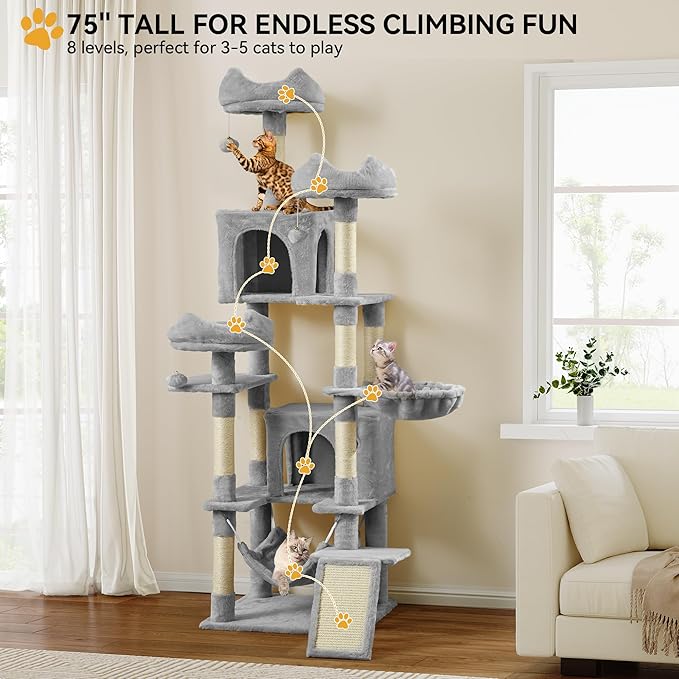 YITAHOME Cat Tree Tower for Indoor Cats, 75 inches Tall Multi-Level Cat Climbing Tower with Cat Condos, Cozy Plush Perches, Hammocks, Scratching Posts Board, Large Cat Activity Center, Light Gray