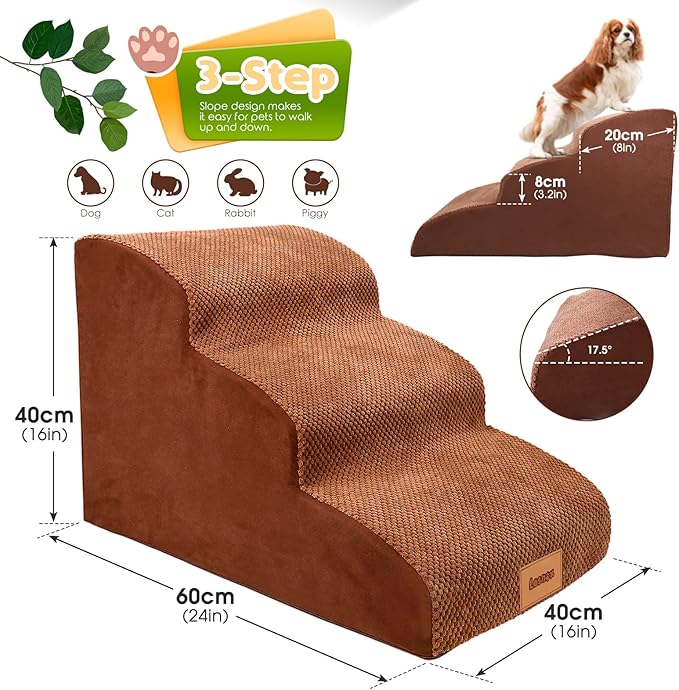 Foam Dog Stairs/Steps, 3 Tiers Pet Ramp/Ladder with Waterproof Cover for Bed Couch Sofa, Non-Slip, Dog Stair for Small Dogs Cats with Old/Injured/Short-Legged, 15.7" H Brown…