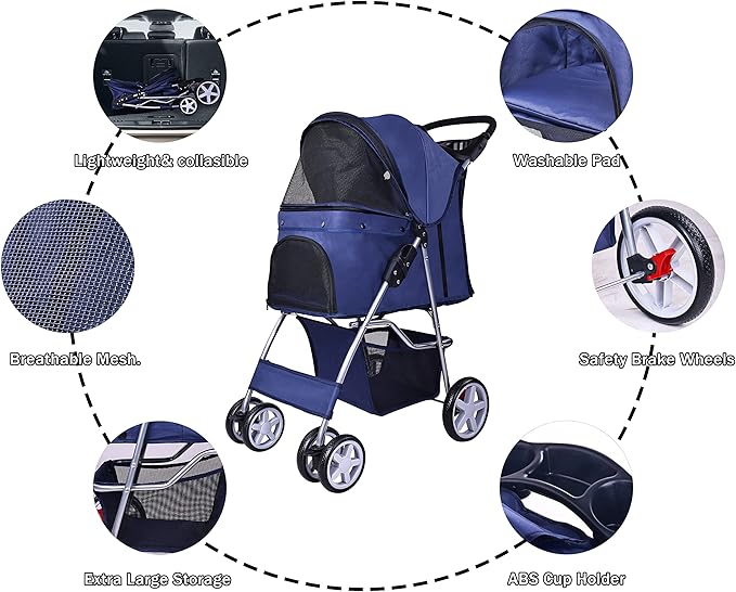 Pet Stroller, 4 Wheels Multifunction Dog Cat Stroller, Folding Portable Travel Stroller with Detachable Carrier, Suitable for Medium Small Dogs Cats, Blue