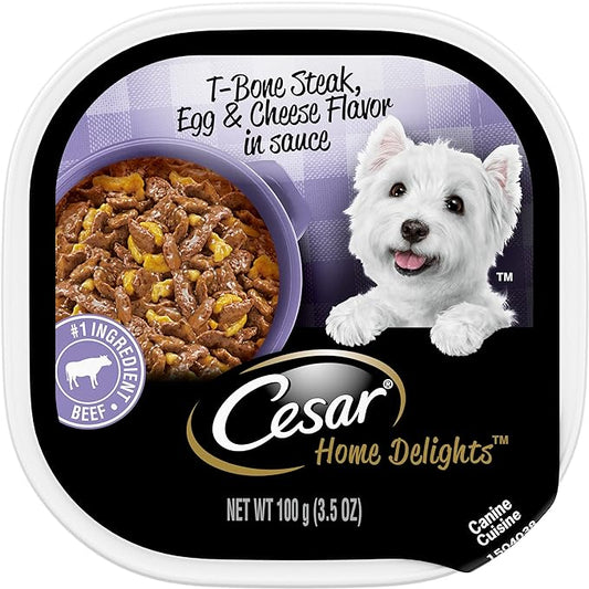 CESAR HOME DELIGHTS Adult Wet Dog Food T-Bone Steak, Egg & Cheese Flavor in Sauce, 3.5 oz. Easy Peel Trays, Pack of 24