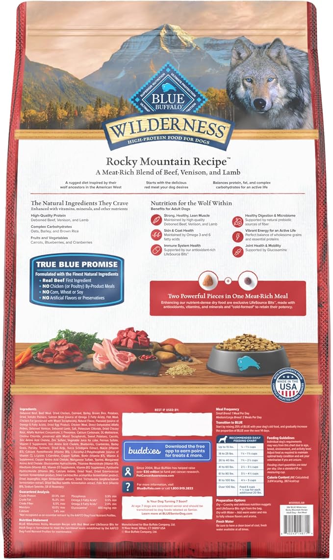 Blue Buffalo Wilderness Rocky Mountain Recipe High-Protein Adult Dry Dog Food, Made in the USA with Natural Ingredients Plus Wholesome Grains, Red Meat, 28-lb. Bag