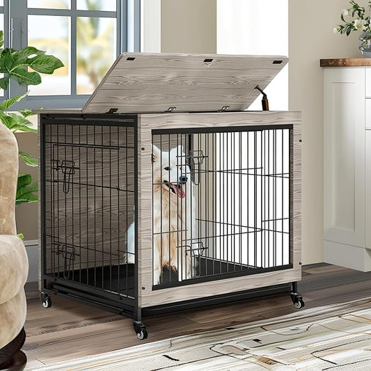 NicBex Dog Crate Furniture, 38.3" L Dog Crates for Large Dogs, Large Dog Crate with Double Doors, Wooden Dog Kennel Indoor Flip-Top for Large Dog House Pet Crate, Grey