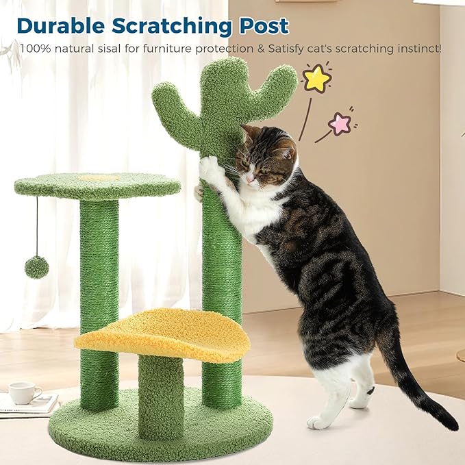 Made4Pets Cat Tree Cactus Cat Scratching Post 26” Cats Tree Tower for Indoor Cat Scratchers Kitty Tower with Flower Perch, Dangling Ball