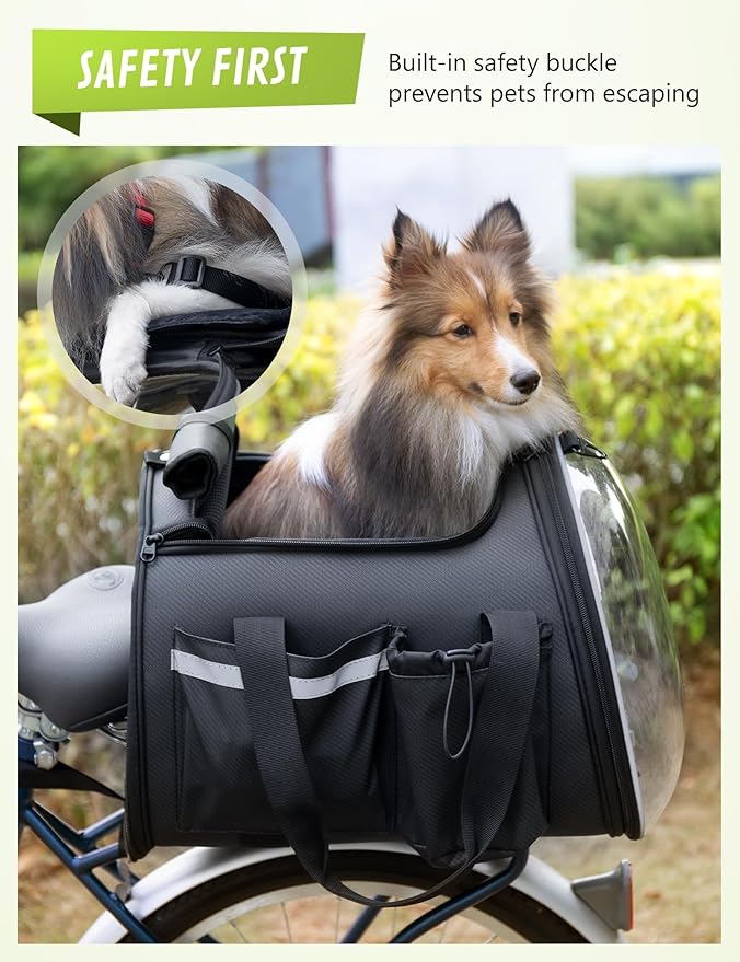 Pecute Dog Basket for Bike, Dog Bike Basket for Small Dog Cat Puppies, Pet Basket for Bike Riding, Multiple Storage Pockets Removable Sun Shield, Pet Carrier with Shoulder Strap