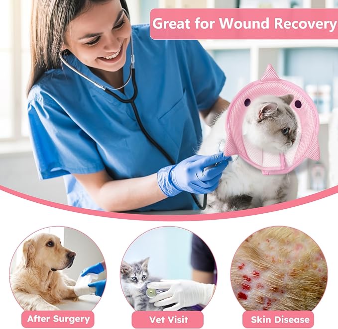 Cat Cone Collar Soft, Adjustable Cat Recovery Collar After Surgery to Prevent Licking Wound, Breathable Cat Neck Cone Comfortable Pet Elizabethan Collar for Cats Kittens Cute Shark Design