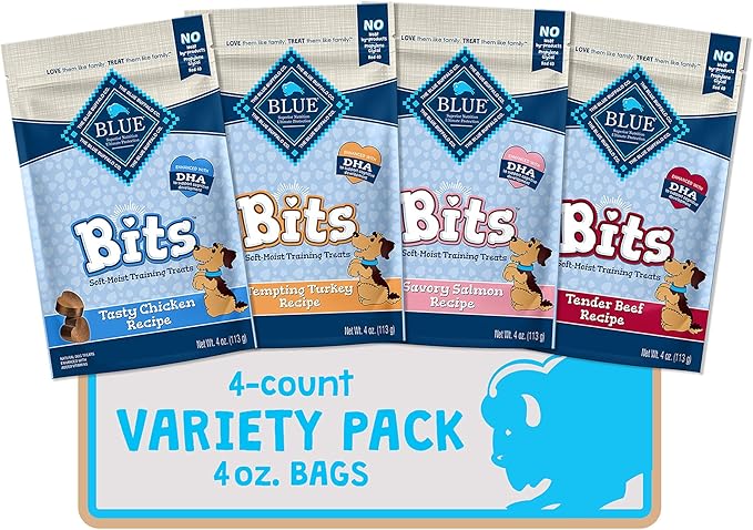 Blue Buffalo BLUE Bits Natural Soft-Moist Training Dog Treats, Beef, Salmon, Turkey, and Chicken Recipes 4-oz Variety Pack, 4Ct