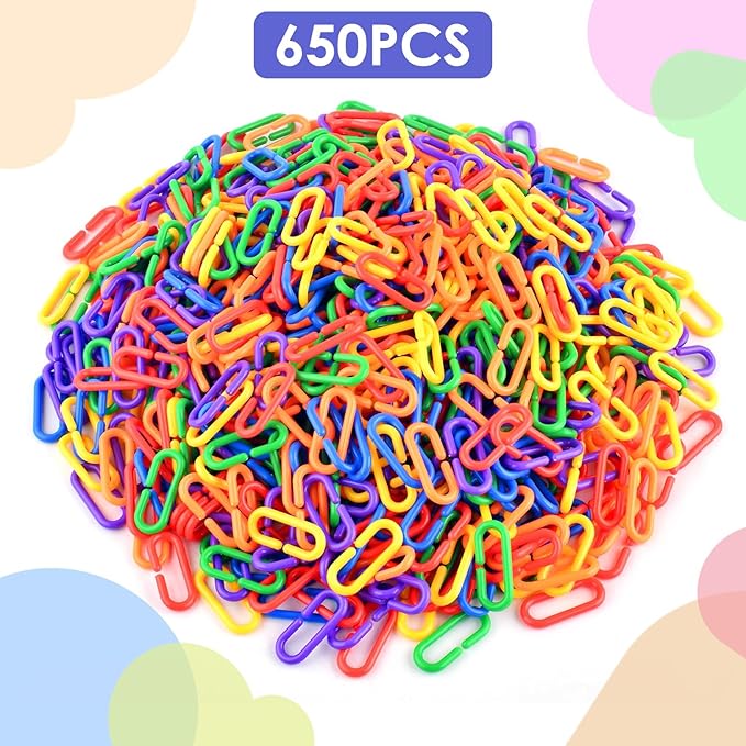 Bissap Plastic Chain Links Birds 650pcs, Mix Color Rainbow DIY C-Clips Chains Hooks Swing Climbing Cage Toys for Sugar Glider Rat Parrot Bird, Children's Learning Toy ﻿