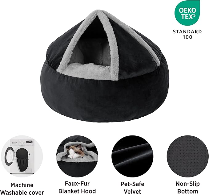 Lesure Cat Bed with Cover Cave - Covered Round Kitten Bed with Hooded Blanket, Machine Washable Burrow Pet Bed for Indoor Cats, Extra Small Cozy Cave Puppy Bed with Anti-Slip Bottom, Black 20"