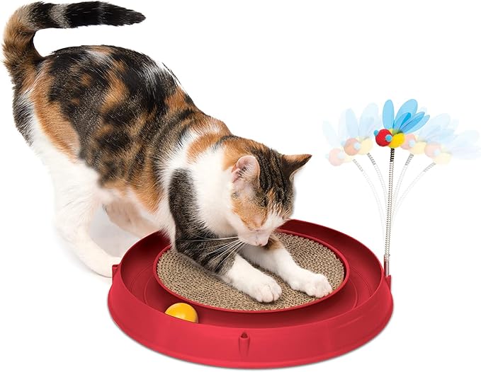 Catit Play Circuit Ball Cat Toy with Scratch Pad, Catnip Toy, Red, 43000