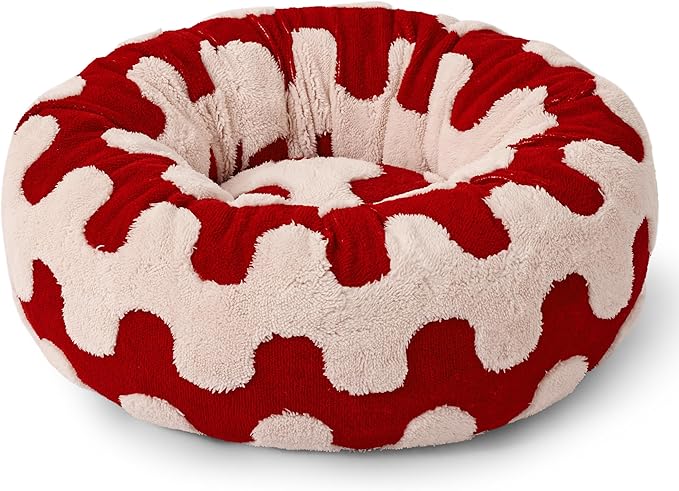 Lesure Donut Small Dog Bed - Round Cat Beds for Indoor Cats Anti-Anxiety Calming Pet Beds, Washable Cute Modern Beds with Teddy Sherpa Plush & Anti Slip Bottom Red