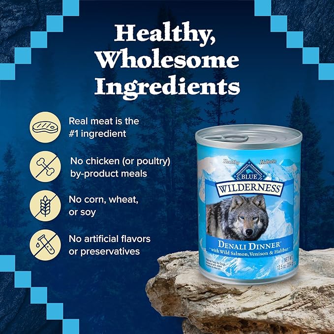 Blue Buffalo Wilderness Denali Dinner Wet Dog Food, High-Protein & Grain-Free, Made with Natural Ingredients, Wild Salmon, Venison & Halibut, 12.5-oz. Can (12 Count)