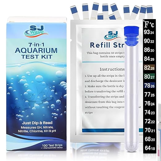 Aquarium Water Test Kit – 7 in 1 Fish Tank Water Testing Kit & eBook – Contains 100 Aquarium Test Strips & 1 Fish Tank Thermometer - Aquarium Test Kit Freshwater - Pond Water Test Kit