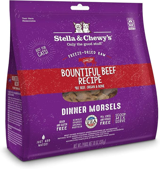 Stella & Chewy's Freeze-Dried Raw Cat Dinner Morsels – Grain Free, Protein Rich Cat & Kitten Food – Bountiful Beef Recipe – 18 oz Bag