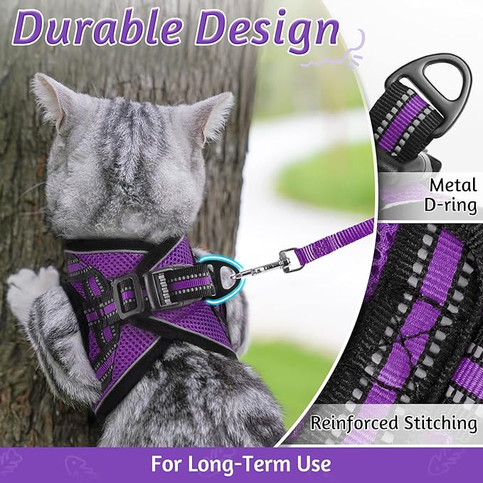 rabbitgoo Cat Harness and Leash Set for Walking Escape Proof, Adjustable Soft Kittens Vest with Reflective Strip for Cats, Comfortable Outdoor Vest, Purple, L