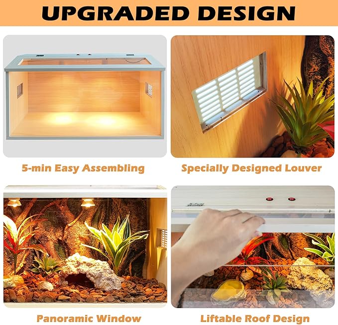 Reptile Terrarium, Lizard Tank Up to 68 Gallons, Bearded Dragon Tank with Roof Door, Snake Tank with Built-in Lamp Fixture and Switch (21 Gallon, 24" Long, Openable Wood Roof)