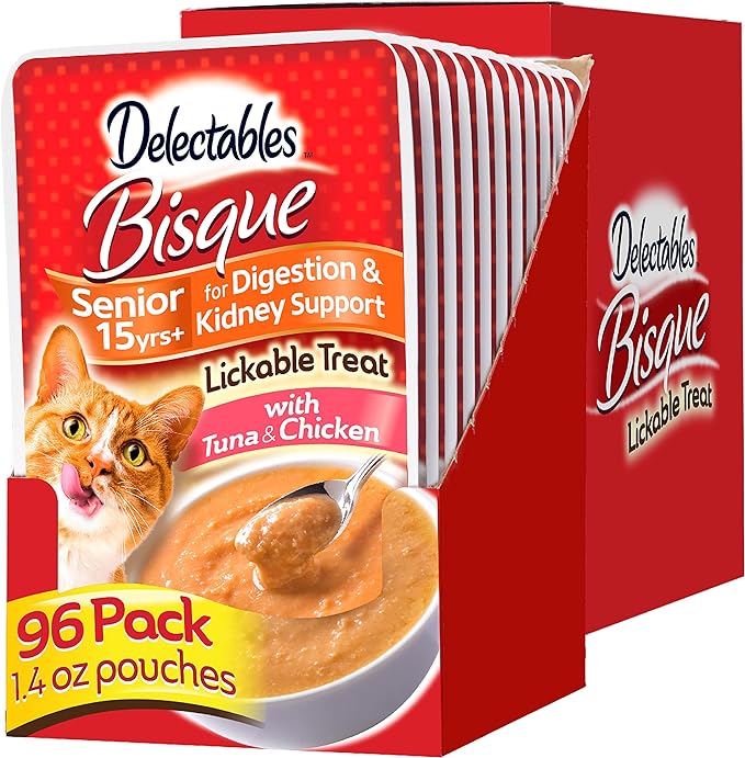 Hartz Delectables Bisque Lickable Wet Cat Treats for Adult & Senior Cats, Senior 15+ Tuna & Chicken, 12 Count (Pack of 8)