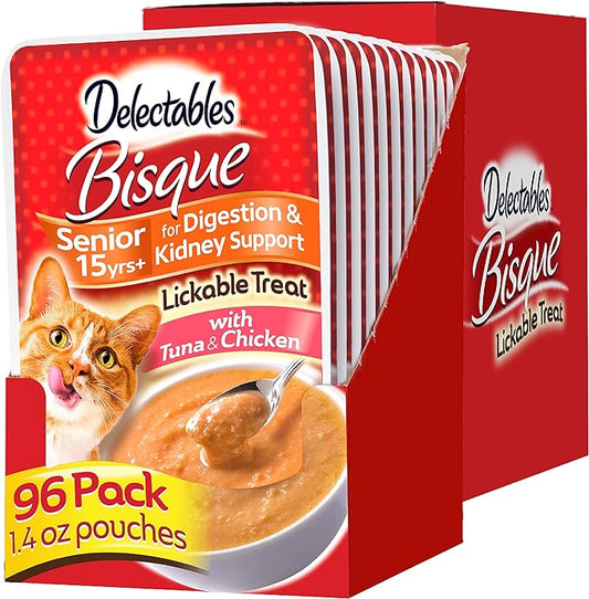 Hartz Delectables Bisque Lickable Wet Cat Treats for Adult & Senior Cats, Senior 15+ Tuna & Chicken, 12 Count (Pack of 8)
