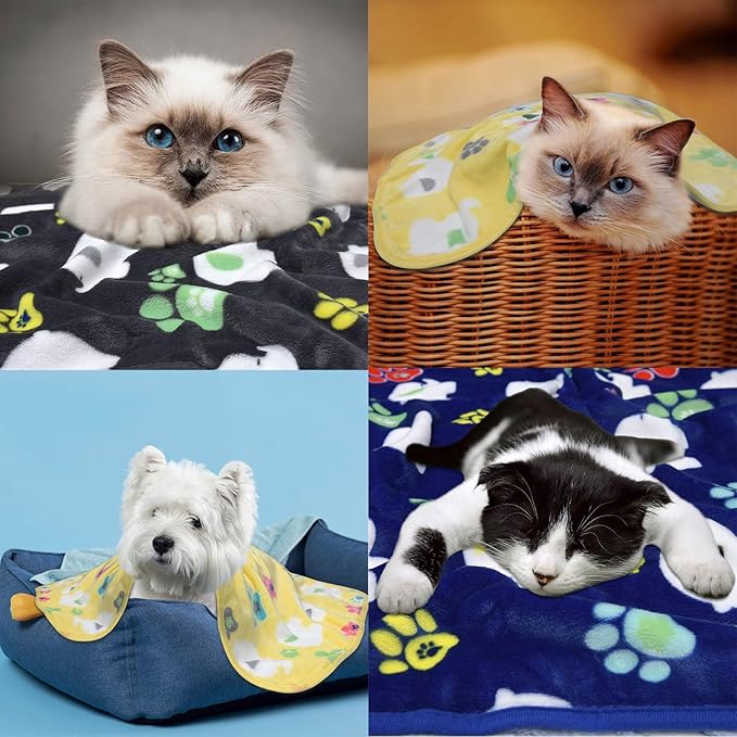 Dog Blankets for Small Dogs,1 Pack 3 Premium Soft Dog Puppy Blankets, with Flannel Cute Elephant Dog Paw, Small Cat Kitten Blankets, Grey/Blue/Yellow, 24x20 inch.