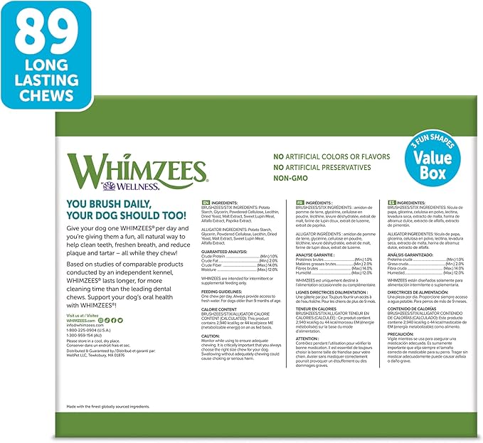 WHIMZEES by Wellness Value Box Natural Dental Chews for Dogs, Long Lasting Treats, Grain-Free, Freshens Breath, Small Breed, 89 count