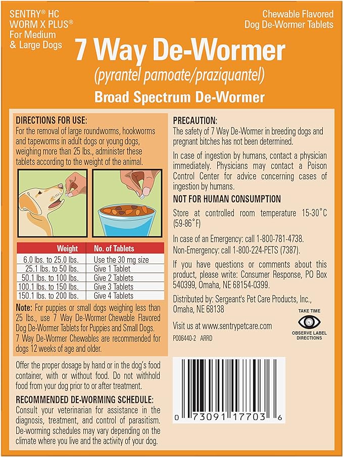 SENTRY HC WORM X PLUS 7 Way De-Wormer (pyrantel pamoate/praziquantel), for Medium and Large Dogs over 25 lbs, 2 Count