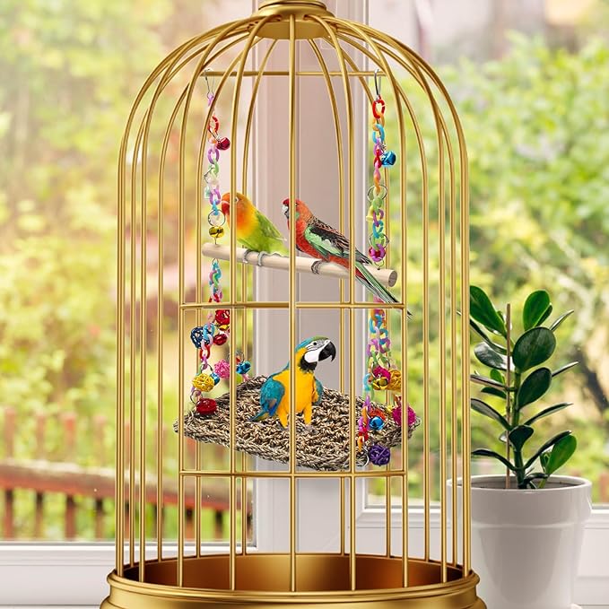 Bird Swing Toys with Wood Perch, AHIER Bird Seagrass Woven Hammock Swing Mat Bird Climbing Hammock Bird Perch Stand Chewing Toy for Parakeets, Budgie, Conure, Cockatiel, Lovebird