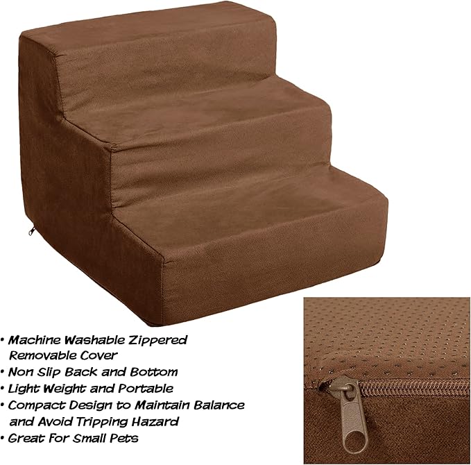 3-Step Pet Stairs - Nonslip Foam Dog and Cat Steps with Removable Zippered Microfiber Cover - 2-Tone Design for Home or Vehicle by PETMAKER (Brown)