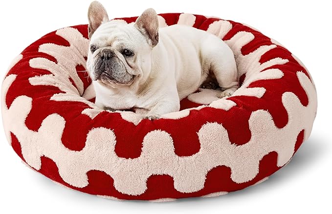 Lesure Donut Small Dog Bed - Round Cat Beds for Indoor Cats Anti-Anxiety Calming Pet Beds, Washable Cute Modern Beds with Teddy Sherpa Plush & Anti Slip Bottom Red