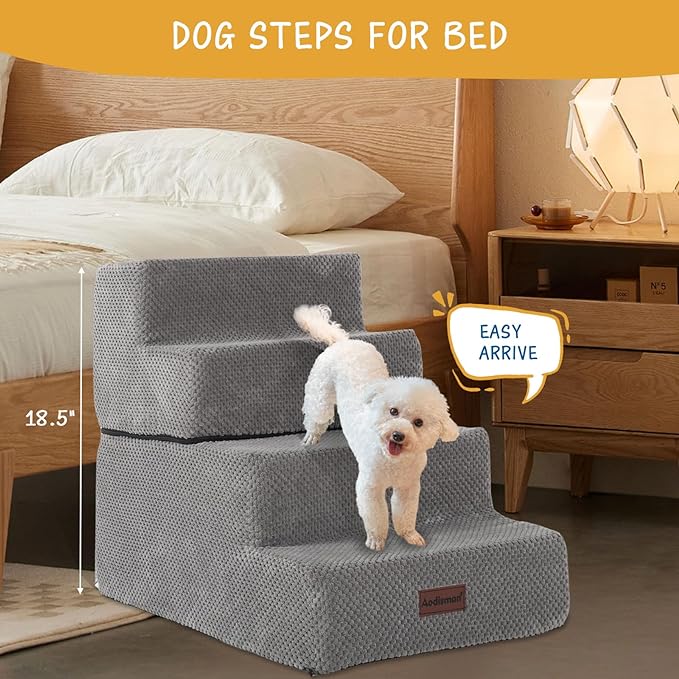 Dog Stairs for Small Dog, 4-Step Dog Steps for High Beds and Couch, Non-Slip Pet Stairs for Small Dogs and Cats,Dog Bed Stairs, Grey, 3/4/5 Steps