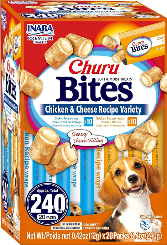 INABA Churu Bites Dog Treat, Grain-Free, Baked Chicken Filled with Churu, Chicken Recipe Wraps Chicken Recipe & Cheese Recipe 20 Pack Variety