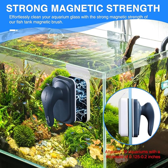 Aquarium Strong Magnetic Glass Cleaner Brush, Fish Tank Algae Magnet Cleaning Tool with 2 Detachable Scrapers, Mag Float Scrubber for 0.2 Inch Glass and Acrylic Tanks