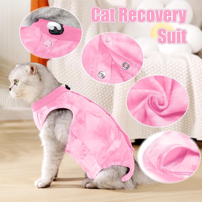 Cat Recovery Suit for Male and Female Surgical Post Surgery Soft Cone Onesie Tie Dye Cats Shirt Clothes Neuter Licking Protective Diapers Outfit Cover Kitten Spay Collar Alternative(Pink, L)