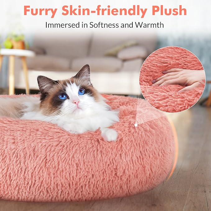 rabbitgoo Cat Beds for Indoor Cats, 24 inches Cat Bed Machine Washable, Fluffy Round Pet Bed Non-Slip, Calming Soft Plush Donut Cuddler Cushion Self Warming for Small Dogs Kittens, Pink, Large