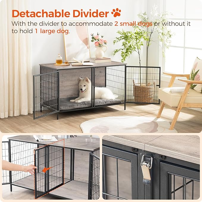 Dog Crate Furniture for 2 Dogs, 43.3" Dog Kennel with Removable Divider, Heavy Duty Wooden Dog Kennel for Small Medium Dog, Indoor Dog Cage End Table with Double Rooms, Greige DCHG1201