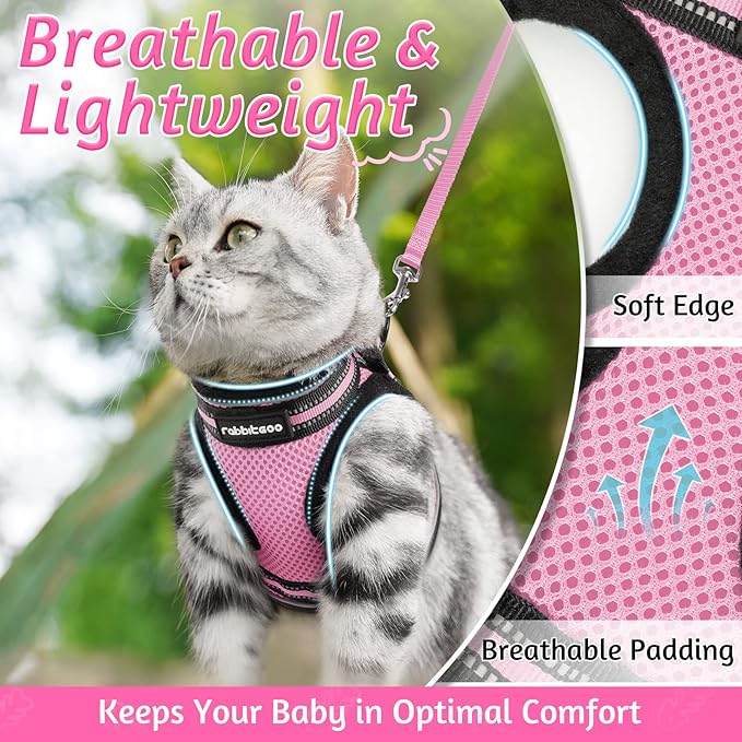 rabbitgoo Cat Harness and Leash Set for Walking Escape Proof, Adjustable Soft Kittens Vest with Reflective Strip for Cats, Comfortable Outdoor Vest, Pink, M