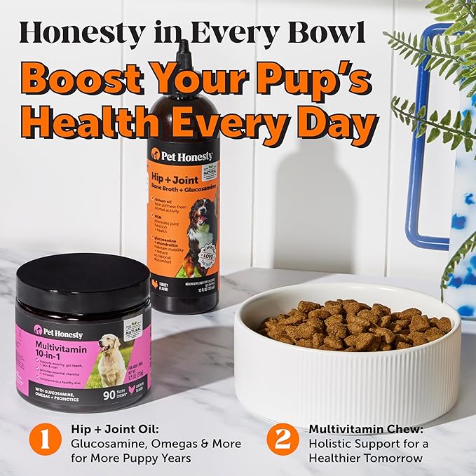 Pet Honesty Dog Joint Supplement with Salmon Oil for Dogs - Ease Stiffness, Reduce Discomfort & Support Joint Supplement, Dog Food Topper Bone Broth with Salmon Oil and Glucosamine for Dogs (12 oz)