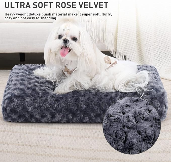 KSIIA Washable Dog Bed Deluxe Plush Dog Crate Beds Fulffy Comfy Kennel Pad Anti-Slip Pet Sleeping Mat for Large, Jumbo, Medium, Small Dogs Breeds, 17" x 12", Dark Grey