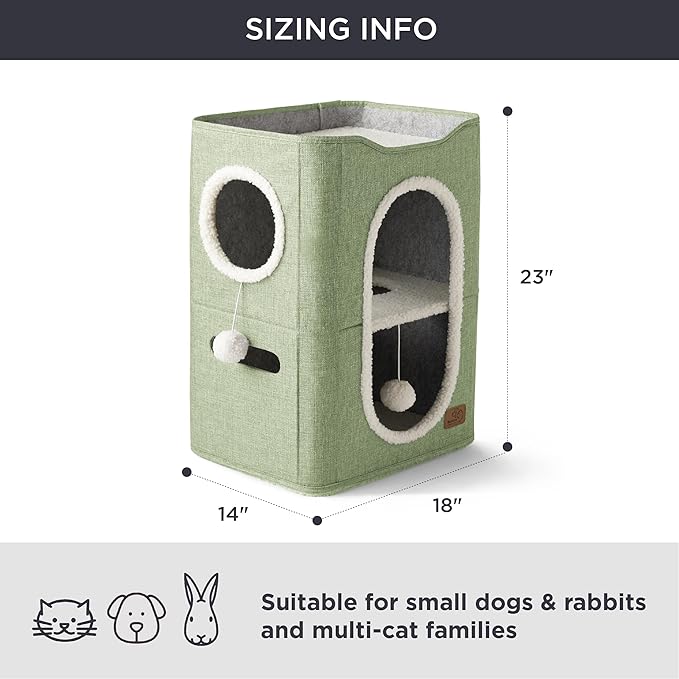 Bedsure 2-Level Cat House for Indoor Cats - Small Cat Towers with Scratch Pad and Hideaway Condo, Cat Cave Bed Furniture for Multi Pets and Large Cats, 18x14x23 inches, Green