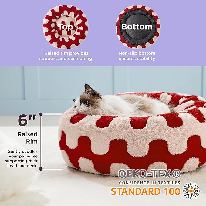 Lesure Donut Small Dog Bed - Round Cat Beds for Indoor Cats Anti-Anxiety Calming Pet Beds, Washable Cute Modern Beds with Teddy Sherpa Plush & Anti Slip Bottom Red