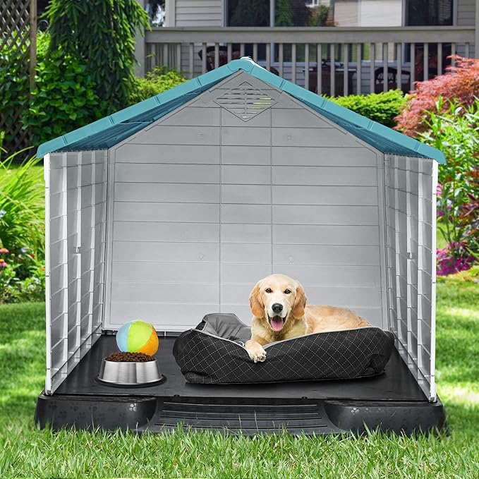 YITAHOME 41'' Large Plastic Dog House Outdoor Indoor Doghouse Puppy Shelter Water Resistant Easy Assembly Sturdy Dog Kennel with Air Vents and Elevated Floor (41''L*38''W*39''H, Blue)