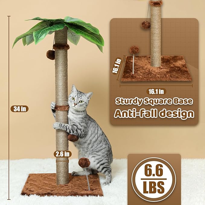 Cat Scratching Post, 34'' Tall Scratchers Post for Indoor Cats, Cute Cat Tree Climbing Post for Large Cats and Kittens, Brown