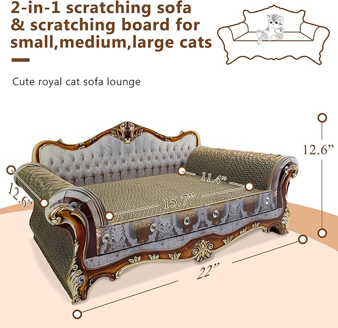 Luxury Cardboard Cat Scratcher Sofa Couch Bed, Couch Shaped Cat Scratching Board, Cat Scratch Lounge with Catnip, Cat Scratcher for Indoor Cats Grey