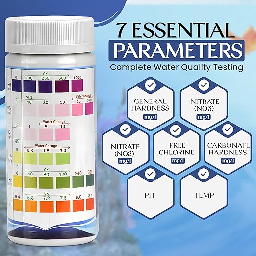 Aquarium Water Test Kit – 7 in 1 Fish Tank Water Testing Kit & eBook – Contains 100 Aquarium Test Strips & 1 Fish Tank Thermometer - Aquarium Test Kit Freshwater - Pond Water Test Kit