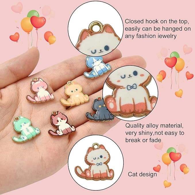 KitBeads 16pcs 8 Styles Kitten Charms Cartoon Animal Pet Charms Flower Printed Mini Cat Charms for Jewelry Making Bracelets Bulk