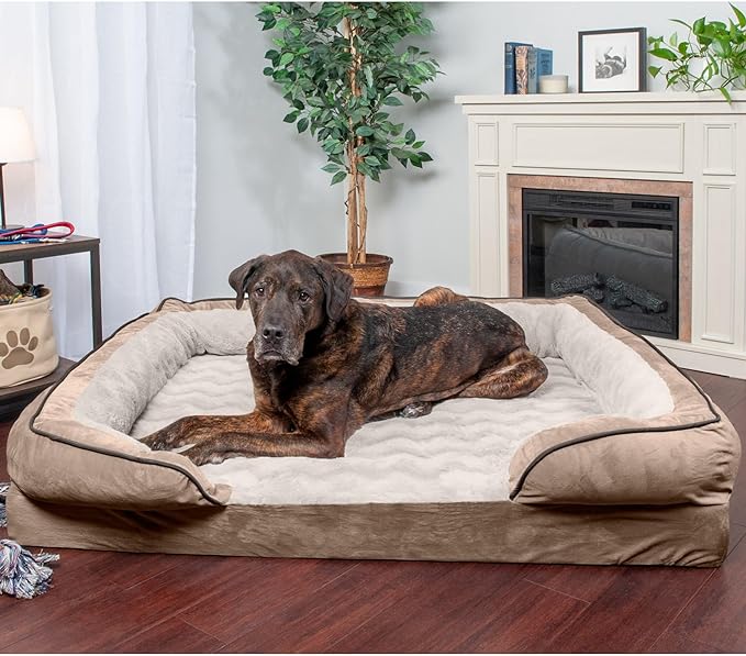 Furhaven Orthopedic Dog Bed for Large Dogs w/ Removable Bolsters & Washable Cover, For Dogs Up to 125 lbs - Plush & Velvet Waves Perfect Comfort Sofa - Brownstone, Jumbo Plus/XXL