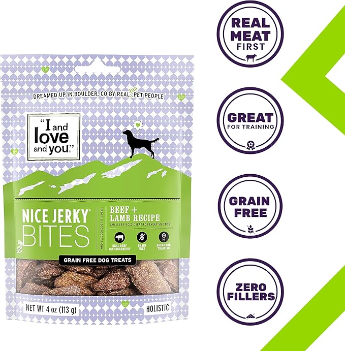 I and love and you Nice Jerky Bites - Beef + Lamb - Grain Free, Real Beef, Training Treat, Chewy Dog Treats, Filler Free, 4oz