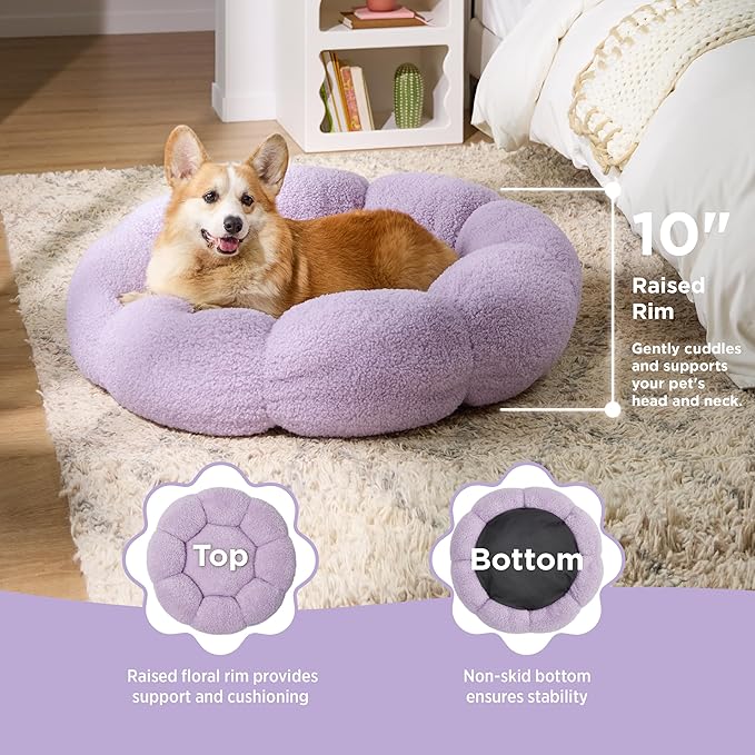 Lesure Calming Large Dog Bed - Flower Donut Round Fluffy Puppy Bed in Plush Teddy Sherpa, Non-Slip Cute Flower Dog Beds, Large Pet Bed Fits up to 100 lbs, Machine Washable, Purple 36"