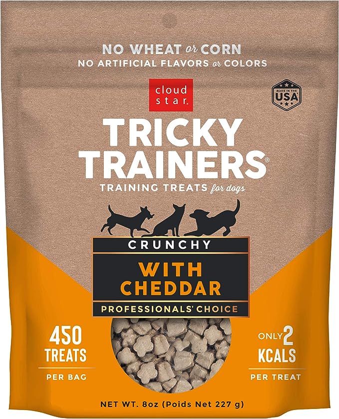 Cloud Star Tricky Trainers Crunchy Dog Training Treats 8 oz Pouch, Cheddar Flavor, Low Calorie Behavior Aid with 450 treats.