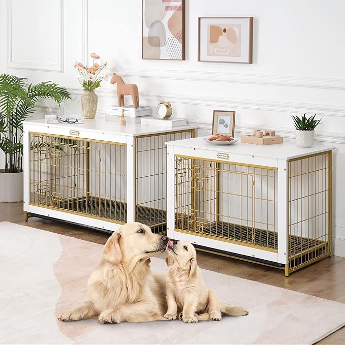 HOOBRO Dog Crate Furniture, Indoor Dog Kennel, Wooden Dog Furniture with Pull-Out Tray, Double Doors Dog House, Modern Side End Table for Medium/Large/Small Dog, 32.5" L, White DW802GW03