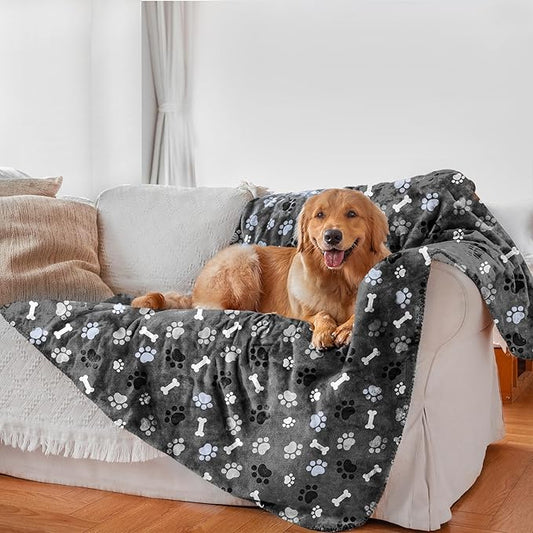 Waterproof Dog Blanket, Pattern Printing Super Soft Warm Fluffy Facecloth Sofa Car Bed Protector, Urine Proof Washable Outdoor Pet Blanket for Puppy Large Dogs & Cats(paw & Bone60*50)