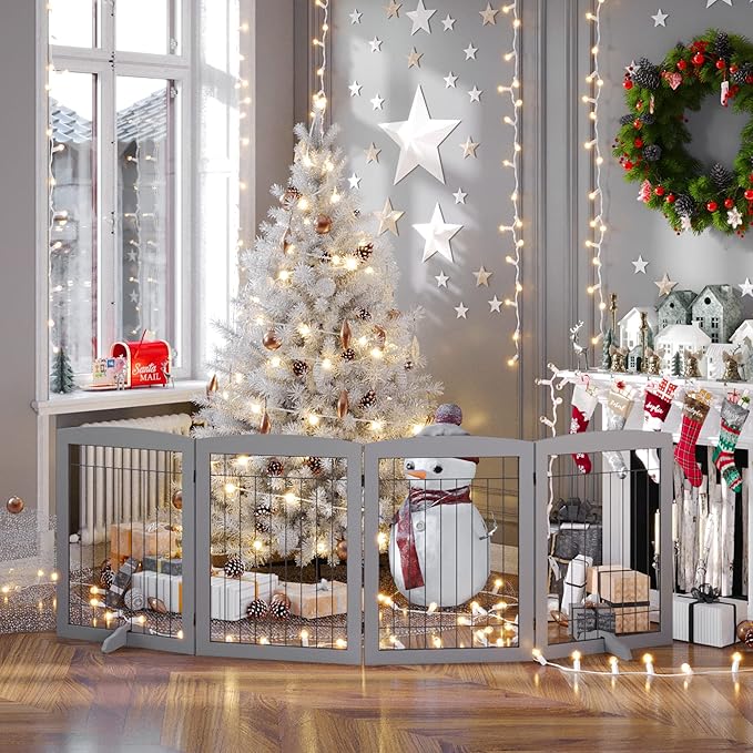 Folding Pet Gate 96" Wide, 30" Tall No-Assembly Wooden Dog Gate, Freestanding Wire Pet Gate, Pet Puppy Safety Fence, with 2PCS Support - Gray